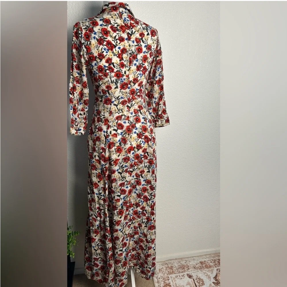 Zara White Floral Long Sleeve Wrap Dress with Red Accents - Picture 6 of 9